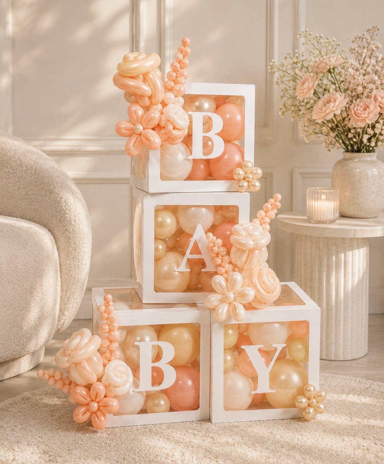 Sculptural Floral BABY Balloon Box display with transparent boxes, premium balloons, and handcrafted balloon flowers for baby showers and first birthdays