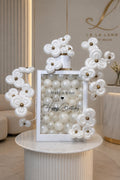 Pearl Bloom Balloon birthday gift box with pearl-white balloons and metallic gold handcrafted balloon flowers in elegant display box