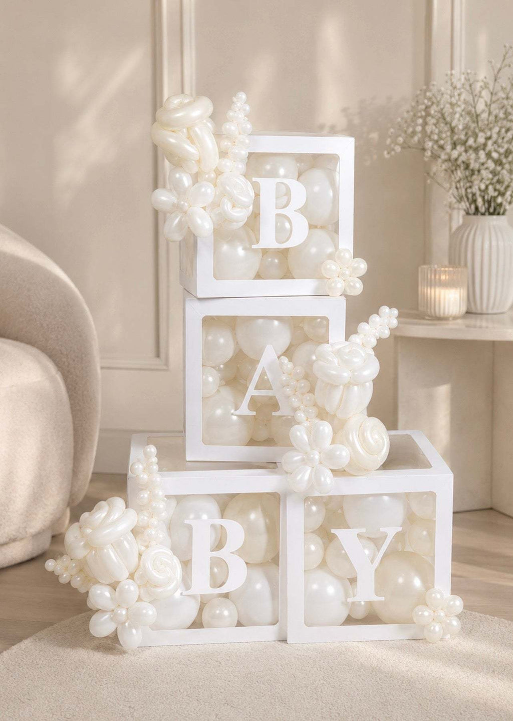 Pearl White BABY balloon box display with sculptural balloon flowers in Toronto