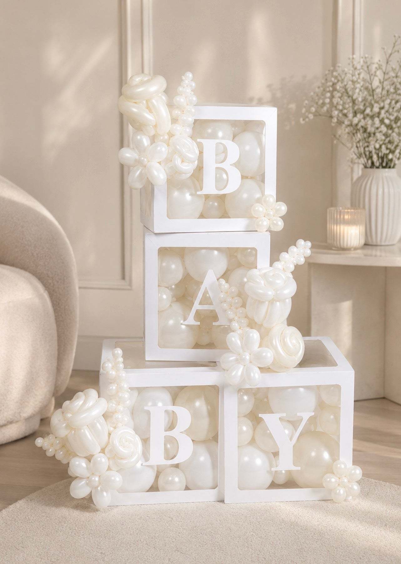 Pearl White BABY balloon box display with sculptural balloon flowers in Toronto