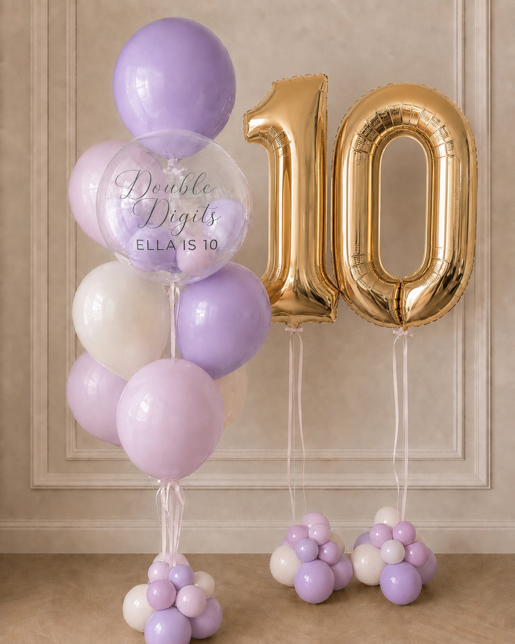 Personalized lilac and gold 10th birthday balloon bouquet in Toronto