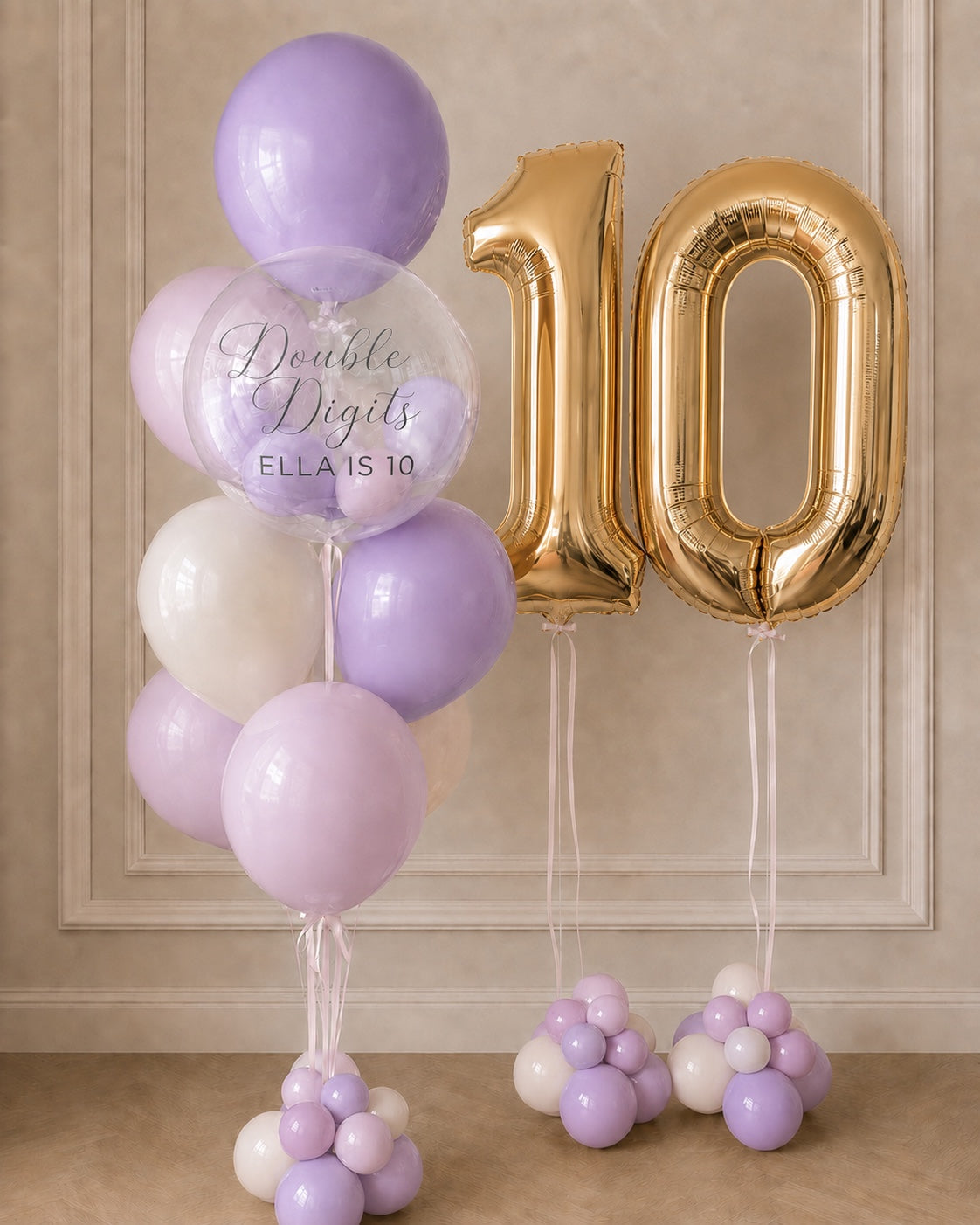 Personalized lilac and gold 10th birthday balloon bouquet in Toronto