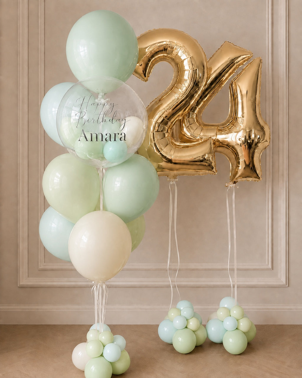Personalized mint and gold 24th birthday balloon bouquet in Toronto