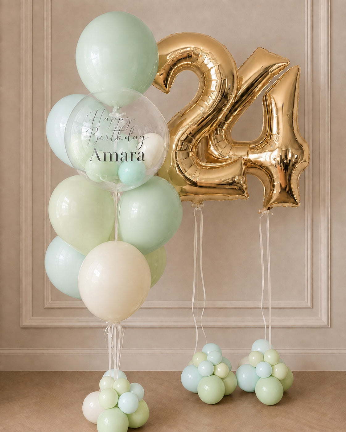 Personalized mint and gold 24th birthday balloon bouquet in Toronto