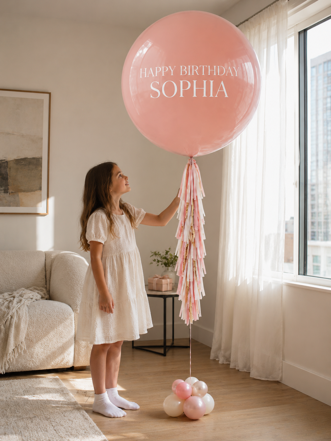 Girl with personalized 3 ft blush jumbo birthday balloon at home in Toronto