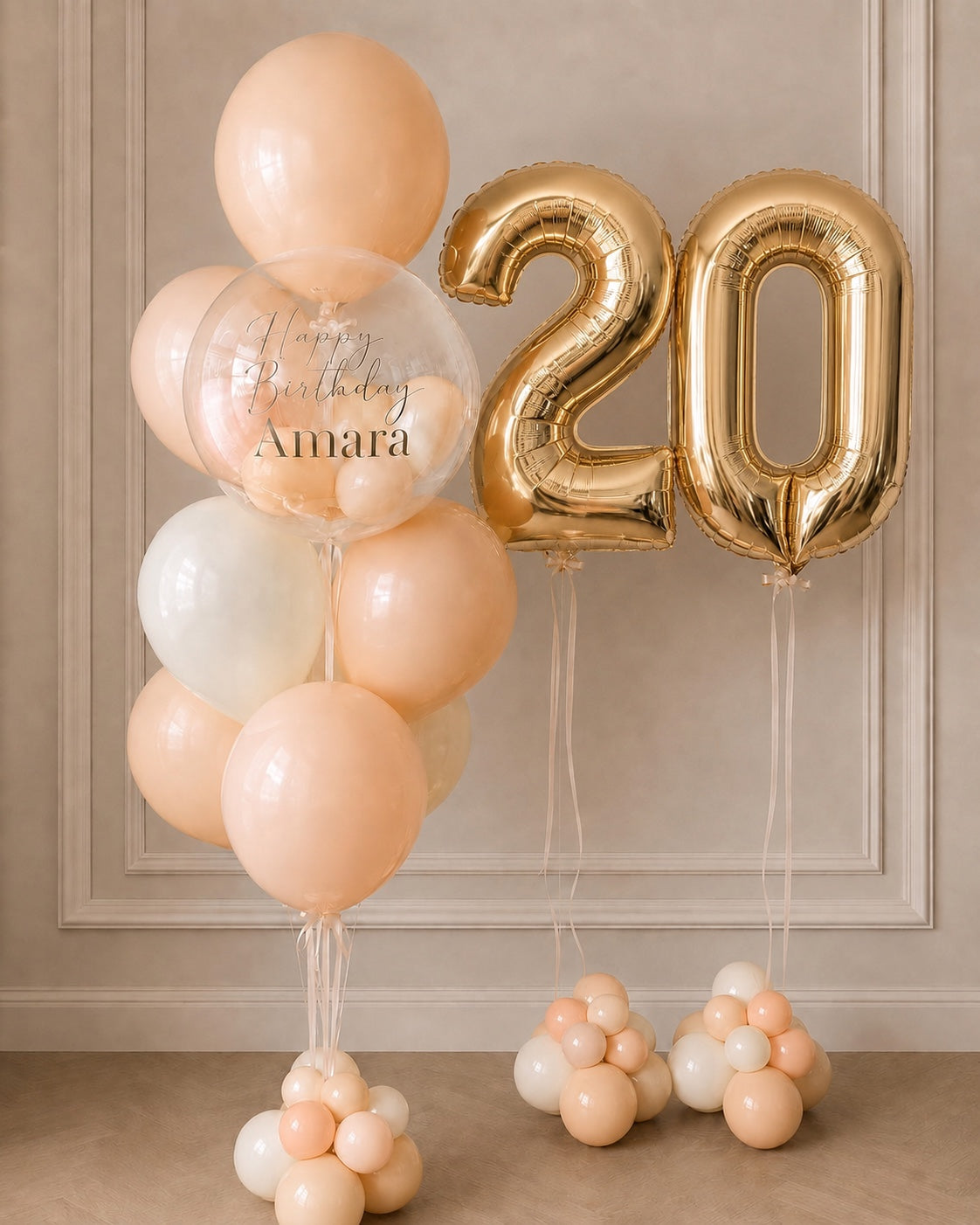 Personalized peach and gold double-digit birthday balloon bouquet in Toronto