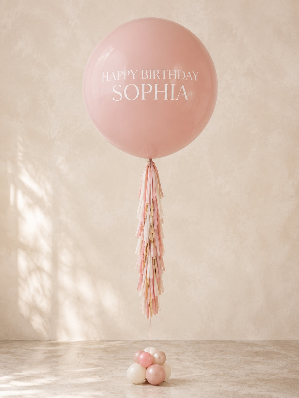 3 ft personalized blush pink jumbo birthday balloon with tassel tail