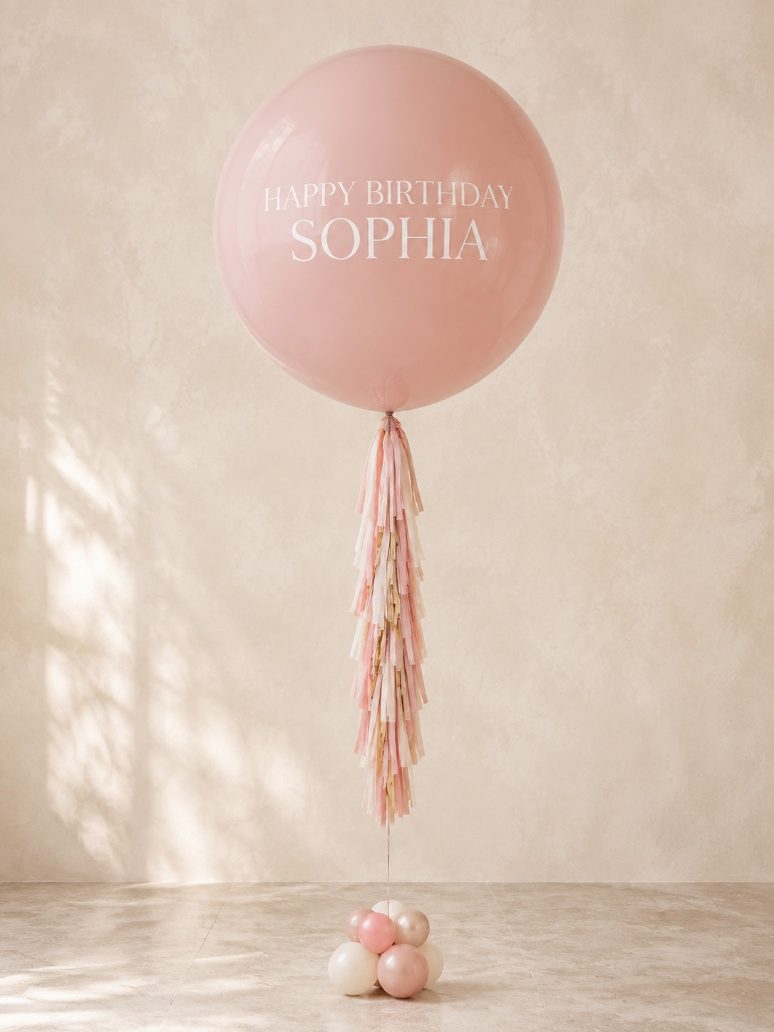 3 ft personalized blush pink jumbo birthday balloon with tassel tail