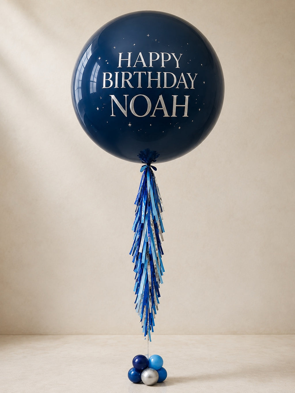 3 ft personalized navy blue jumbo birthday balloon with tassel tail and balloon weight