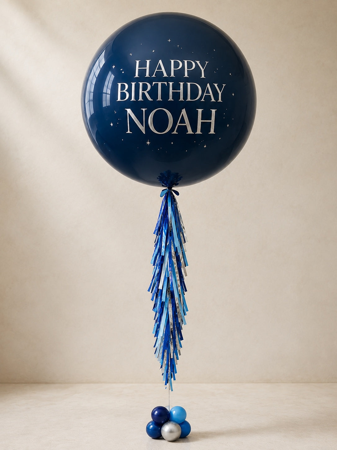 3 ft personalized navy blue jumbo birthday balloon with tassel tail and balloon weight