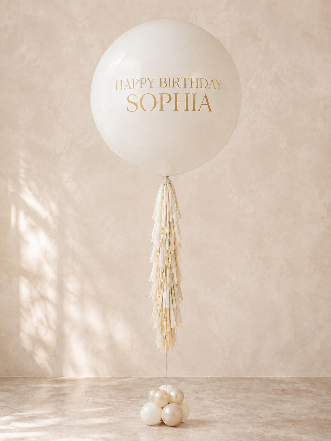 3 ft personalized white lace jumbo birthday balloon with gold lettering