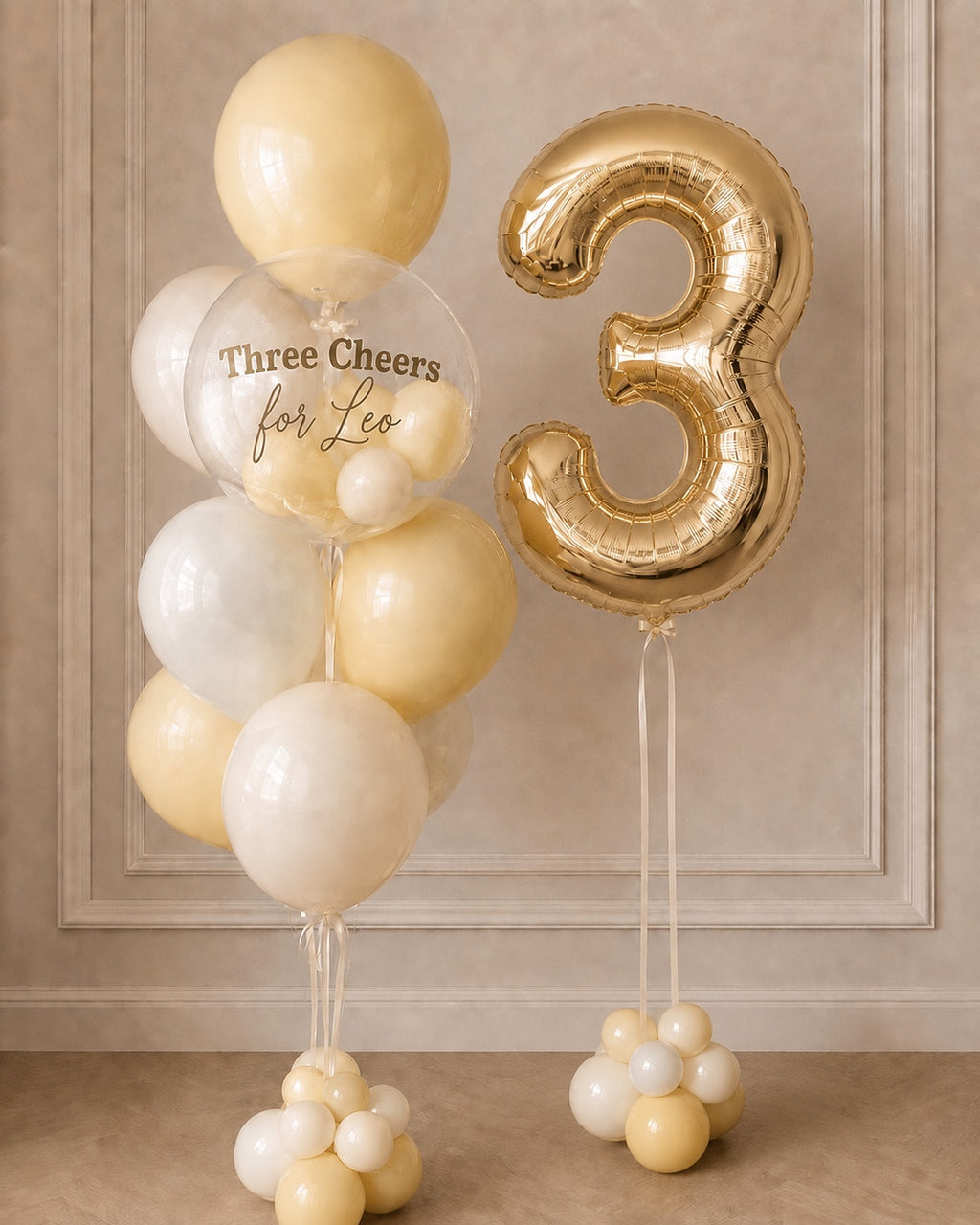 Personalized yellow and gold single-digit birthday balloon bouquet in Toronto