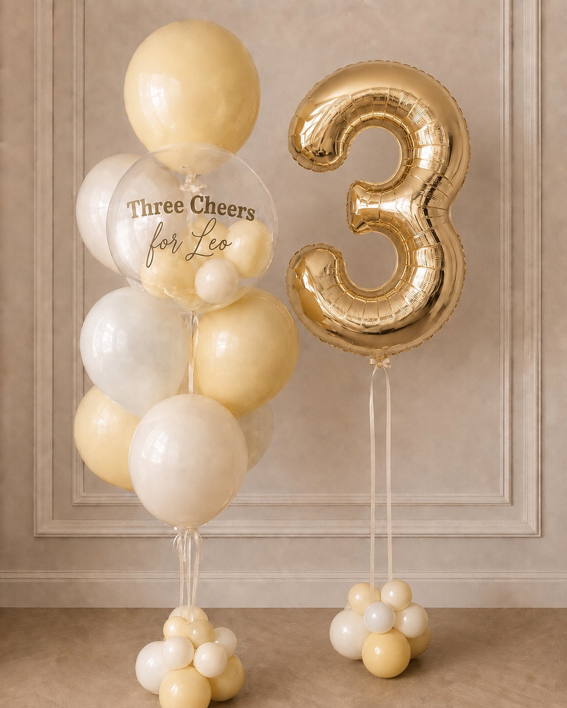 Personalized yellow and gold single-digit birthday balloon bouquet in Toronto