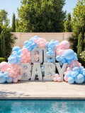 Pink and blue OH BABY marquee letters with pink and blue balloon display for luxury baby showers and gender reveals