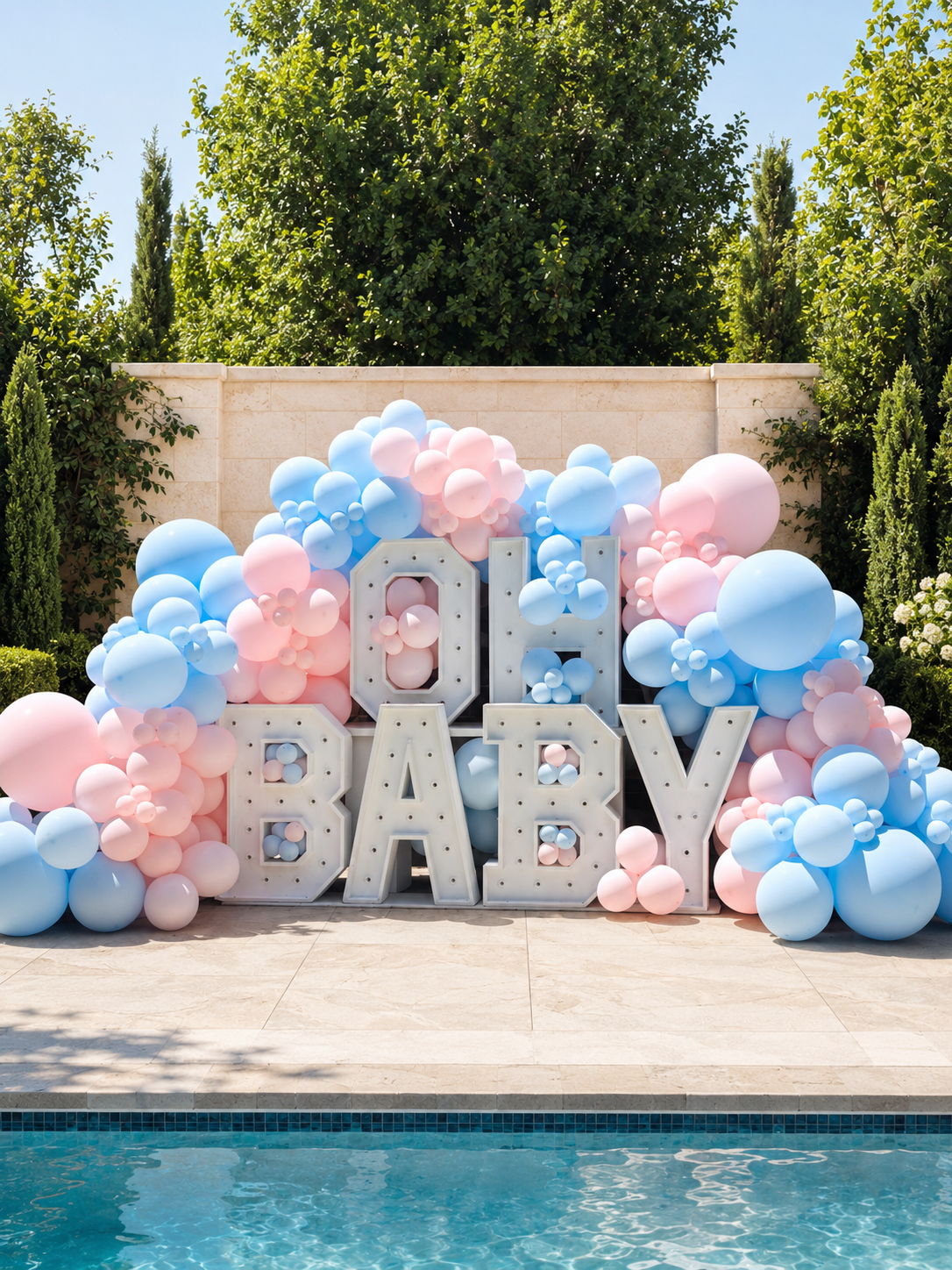 Pink and blue OH BABY marquee letters with pink and blue balloon display for luxury baby showers and gender reveals
