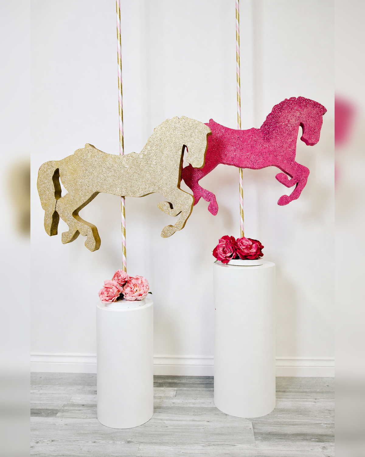 Pink and gold glitter carousel horse stand rental