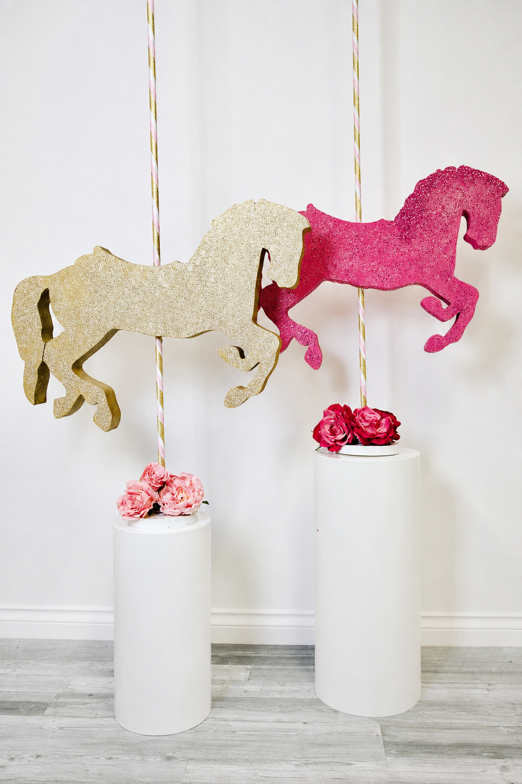 Pink and gold glitter carousel horse stand rental set in Toronto and the GTA