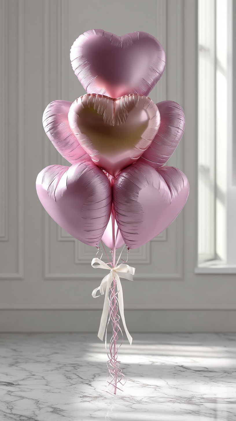 Luxury pink heart balloon bouquet with blush metallic satin finish and ivory bow