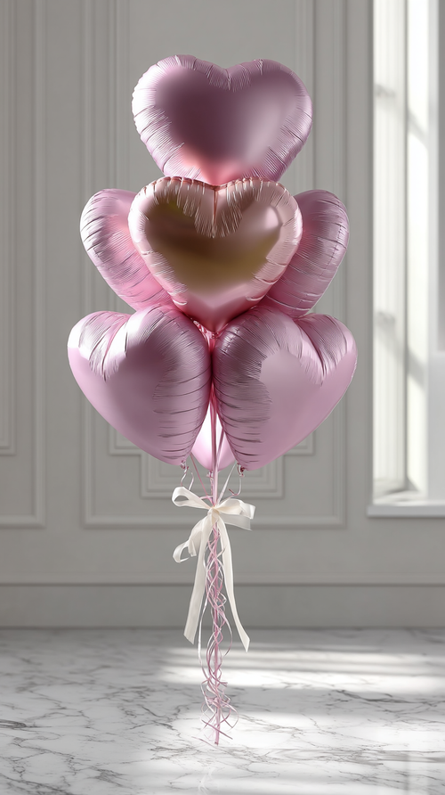 Luxury pink heart balloon bouquet with blush metallic satin finish and ivory bow