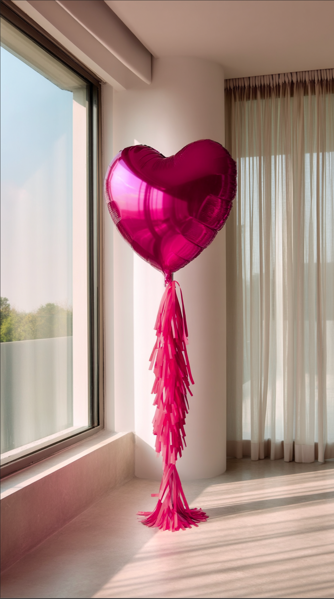 Pink heart helium balloon with decorative tassel tail for romantic celebrations and balloon delivery in Toronto.
