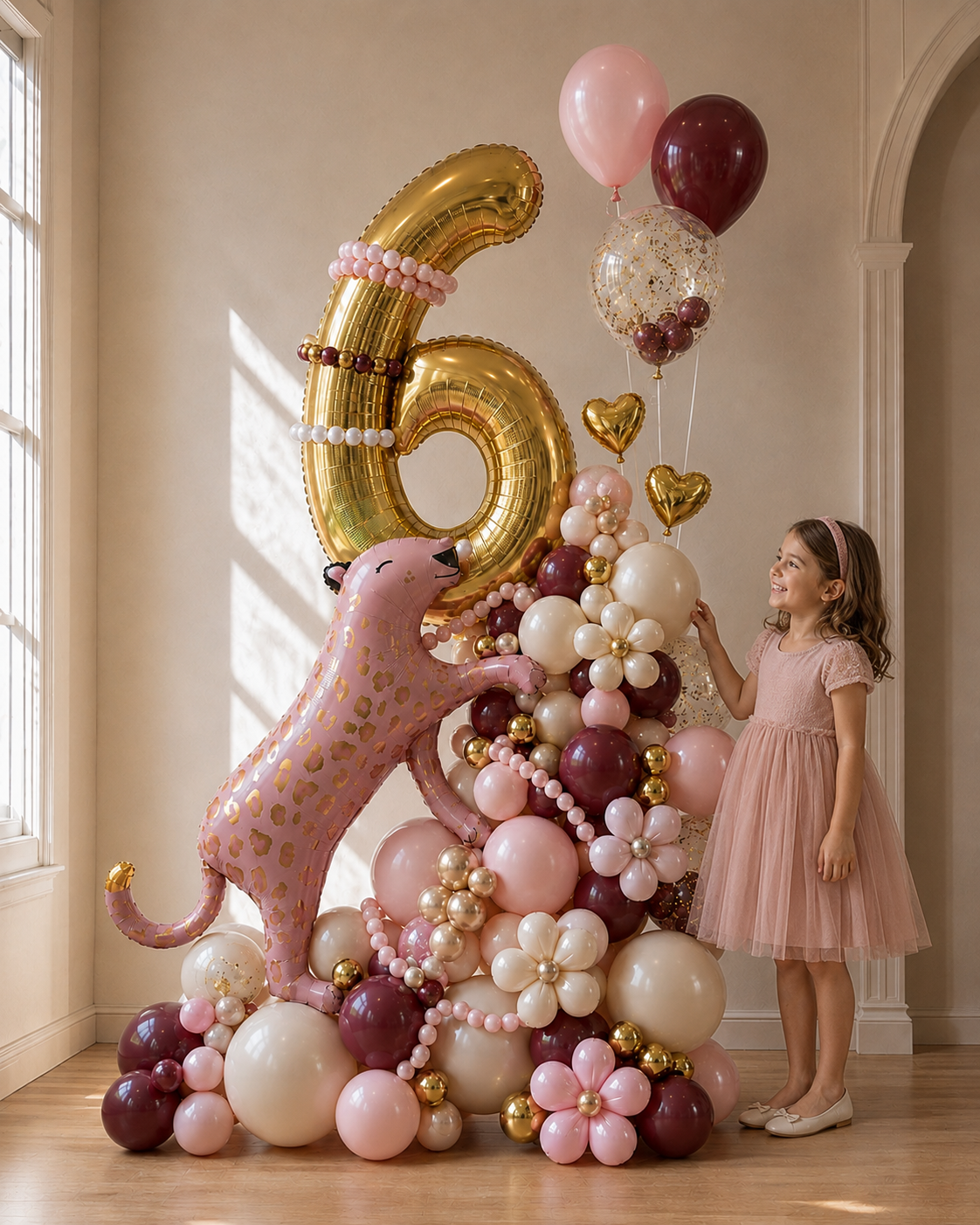 Blush leopard luxury birthday balloon arrangement with gold number, burgundy and blush balloons in Toronto