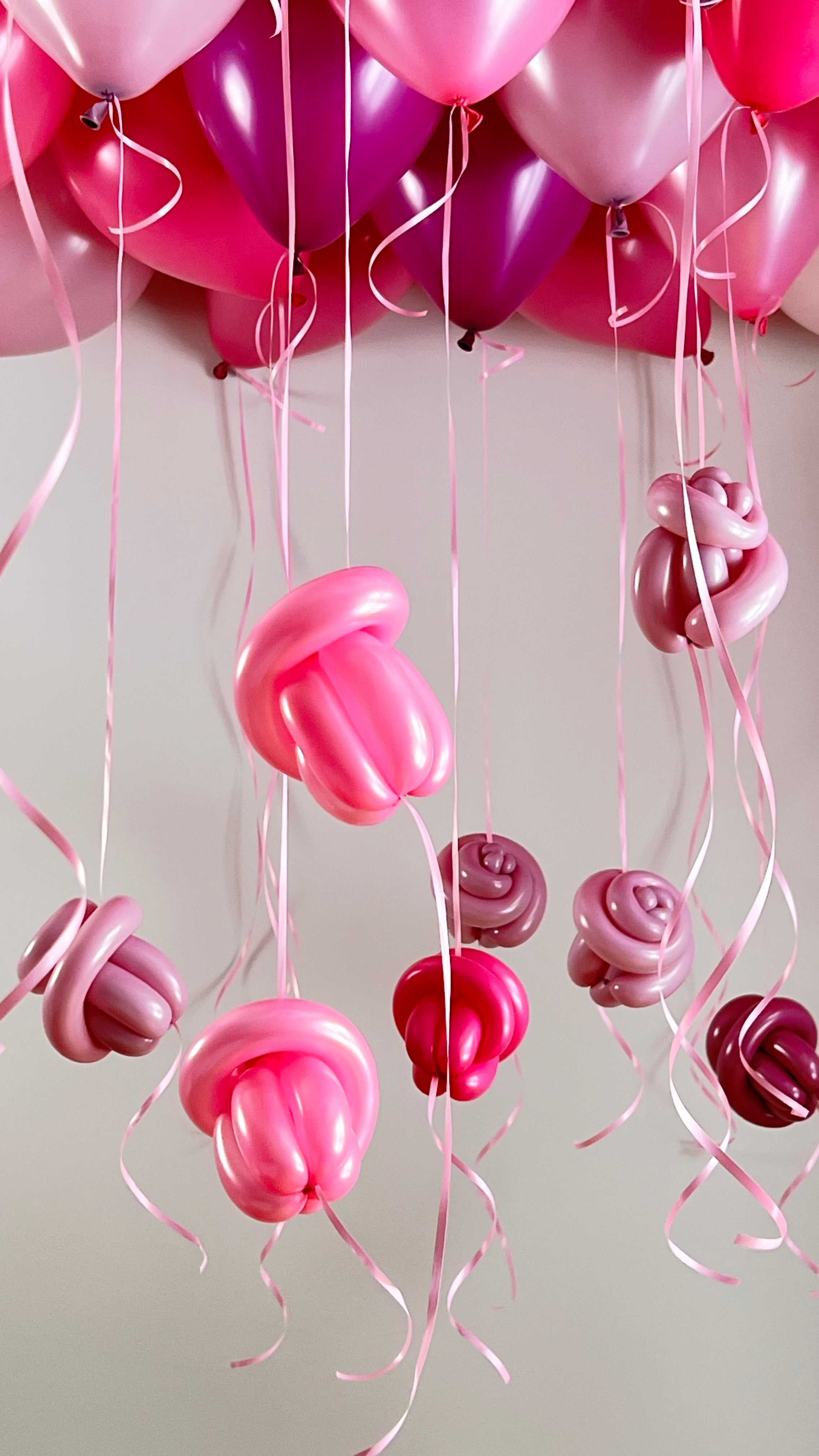 30 Blush Pink Ceiling Balloon Installation – Floating Rose Drop Design