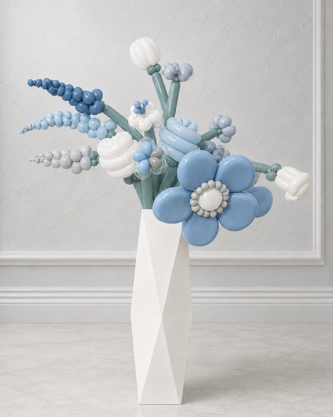 Powder blue and pearl flower balloon bouquet in a white floor vase, Toronto and GTA