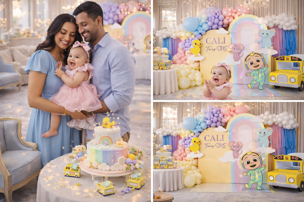 Luxury pastel rainbow balloon backdrop for first birthday party with organic garland and kids decor in Toronto
