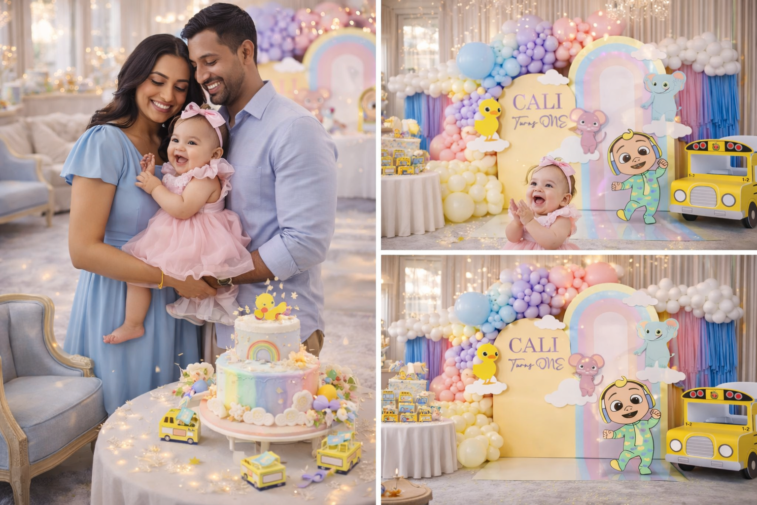Luxury pastel rainbow balloon backdrop for first birthday party with organic garland and kids decor in Toronto