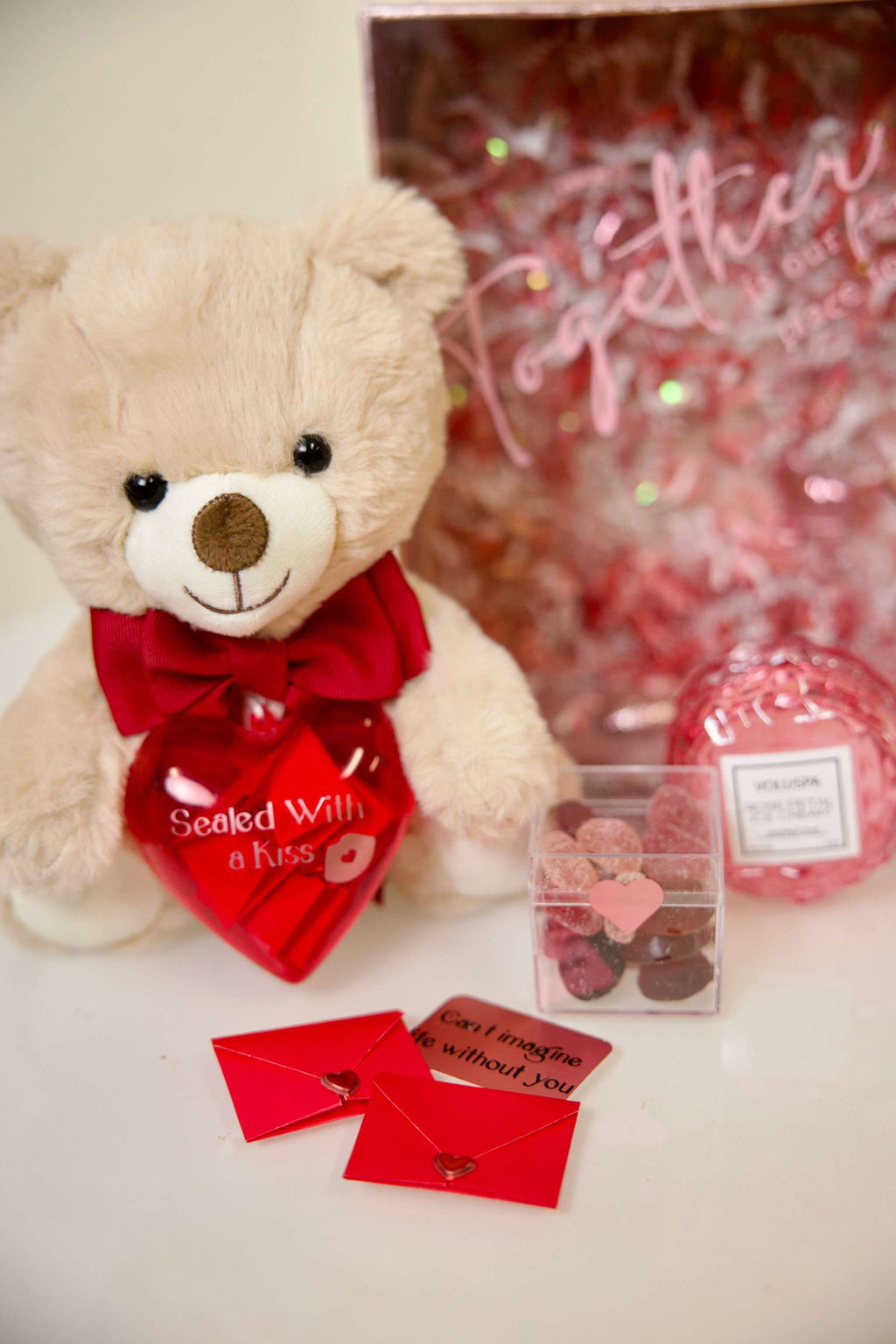 Balloon gift box with handcrafted balloon flower bouquet, teddy bear, candle, and message cards for Toronto delivery