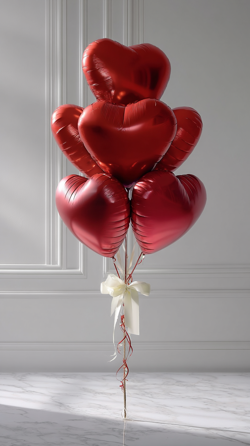 Luxury red heart balloon bouquet with glossy foil heart balloons and satin ribbon for romantic balloon delivery in Toronto