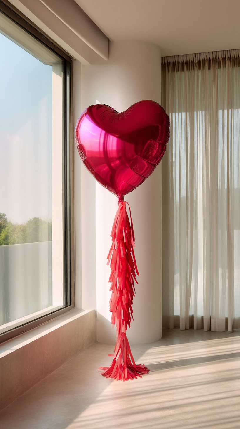 Hot Pink heart helium balloon with decorative tassel tail for romantic celebrations and Valentine’s Day balloon delivery in Toronto.