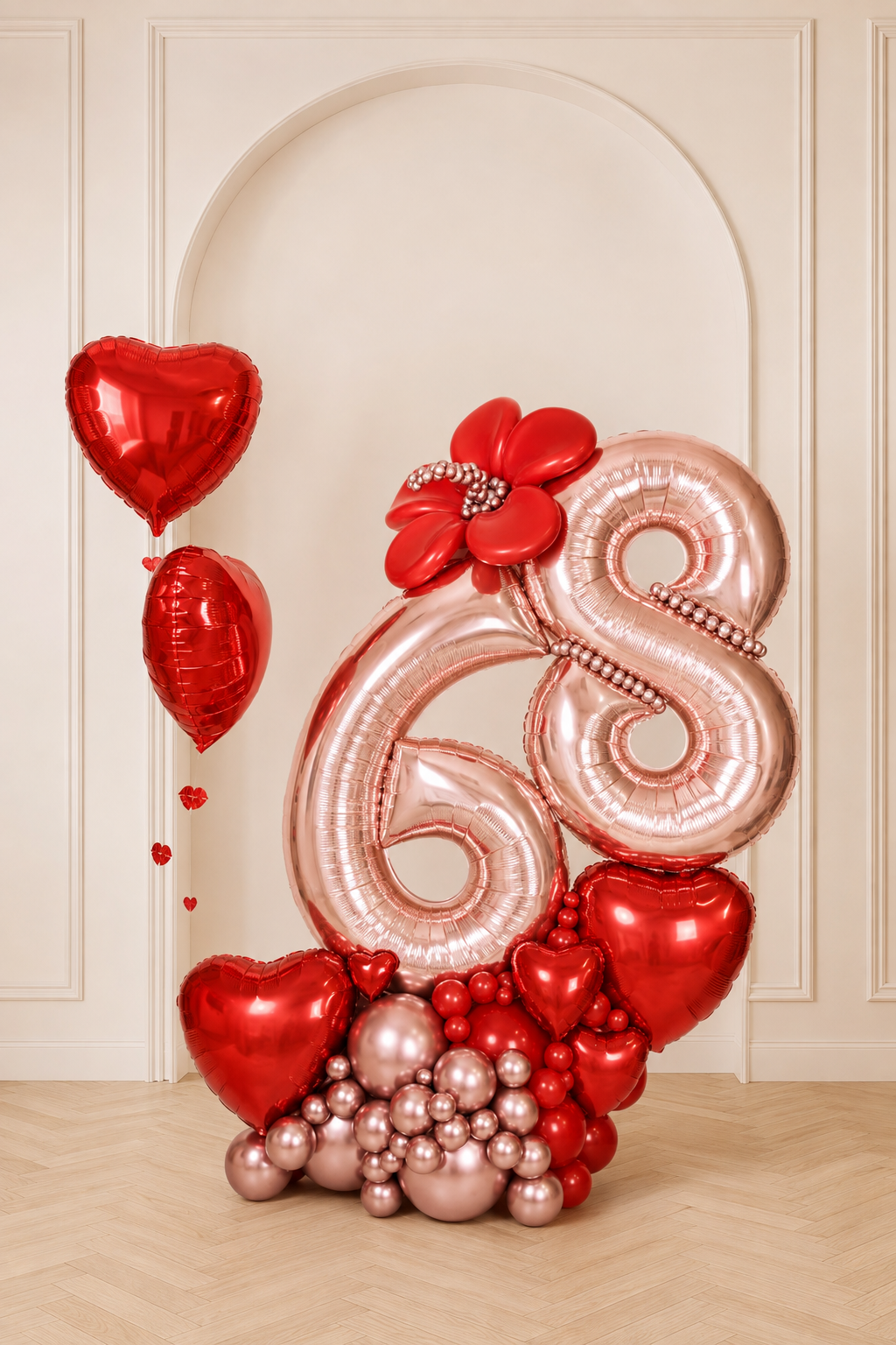Red and rose gold milestone number balloon display with foil numbers, red heart balloons, balloon flower, and metallic base in Toronto