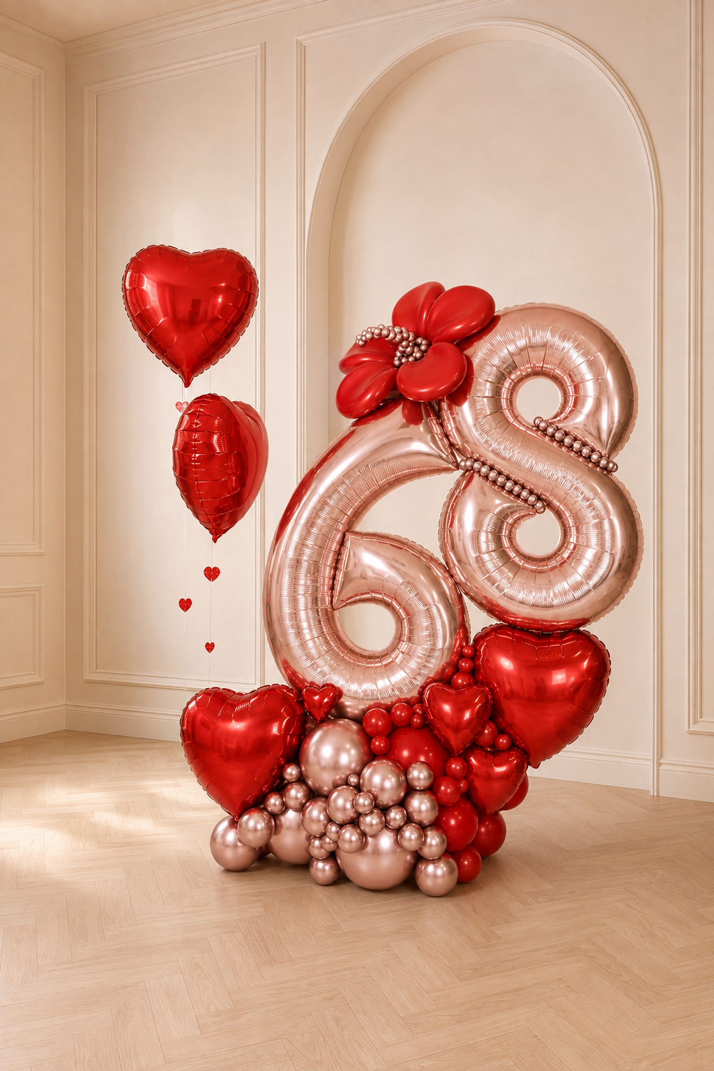 Full-room view of a red and rose gold milestone number balloon arrangement for birthdays in Toronto