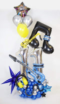 Rock Star Birthday Balloon Display with one or two age numbers, musical notes, guitar accents and blue balloon base