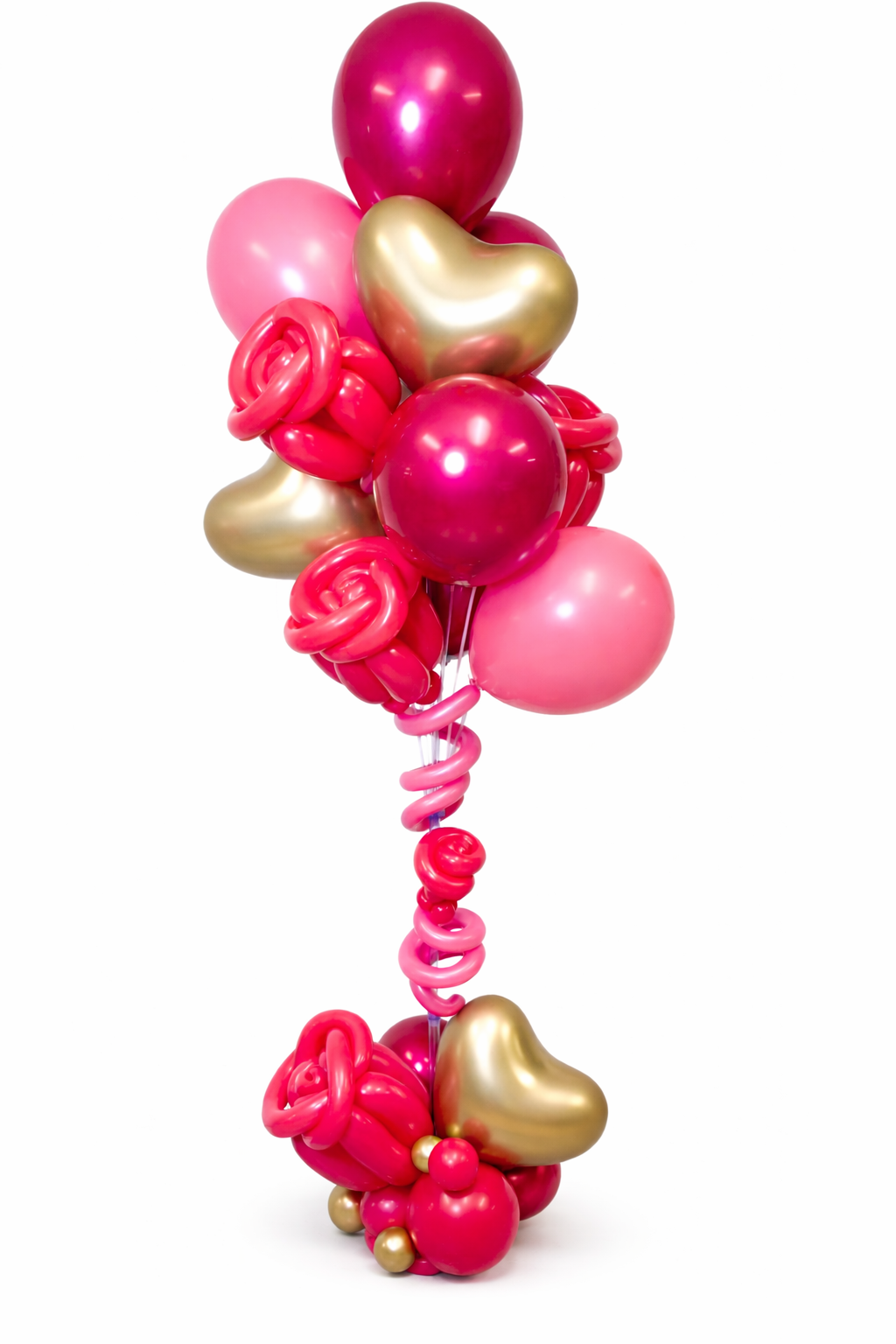 Romantic balloon column with heart balloons and balloon roses in pink and gold for Valentine’s Day and special events in Toronto.
