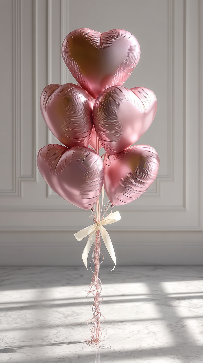 Luxury rose gold heart balloon bouquet with ribbons and bow for romantic occasions