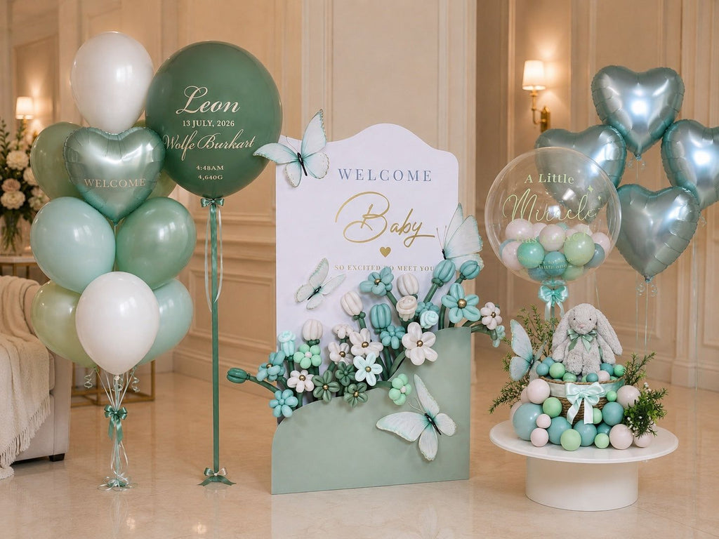Sage Butterfly Welcome Baby Decor package with personalized balloons, butterfly accents, and keepsake bunny arrangement in soft sage and mint colors