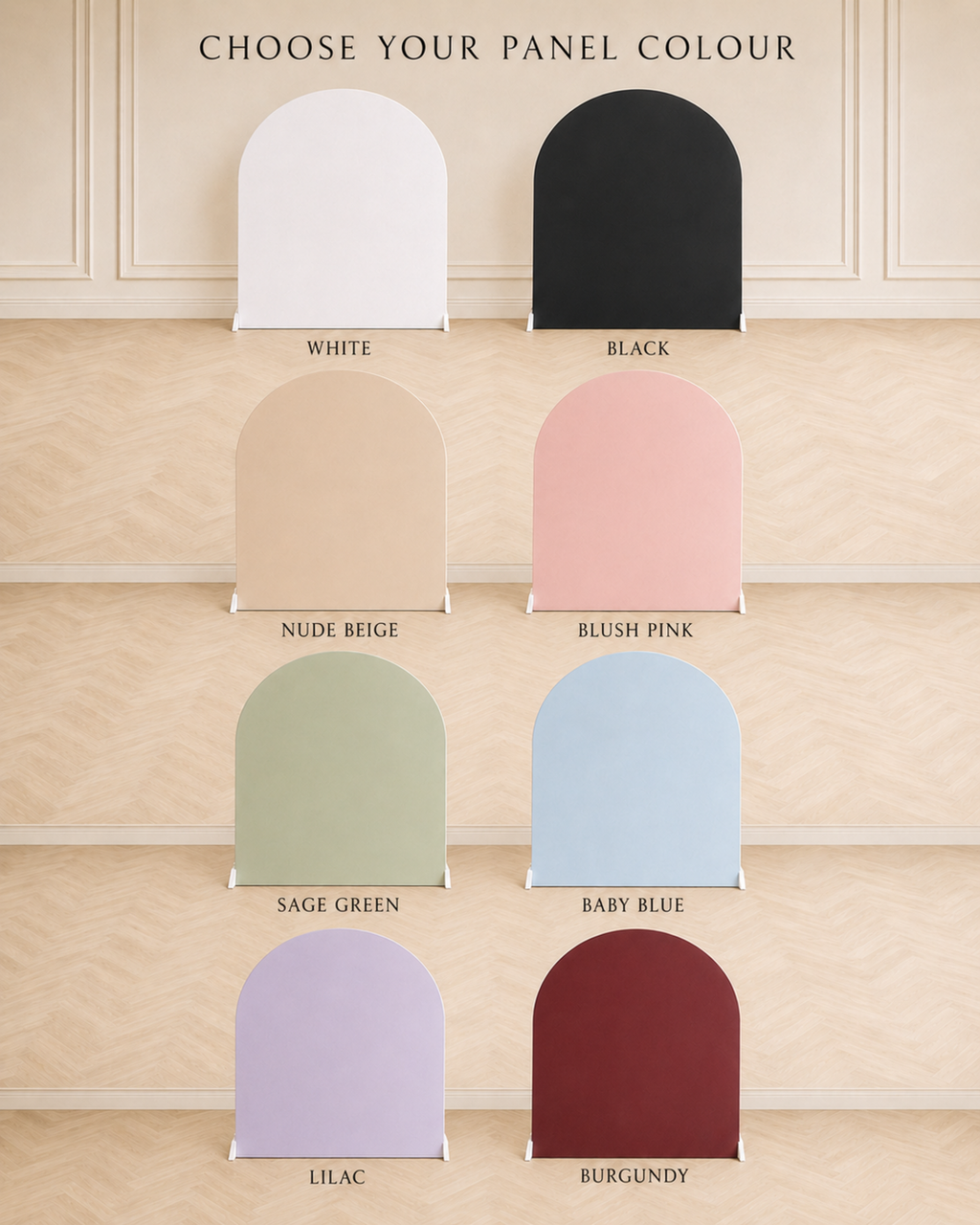 Eight colour options for the small 6 ft by 4 ft arched backdrop panel rental