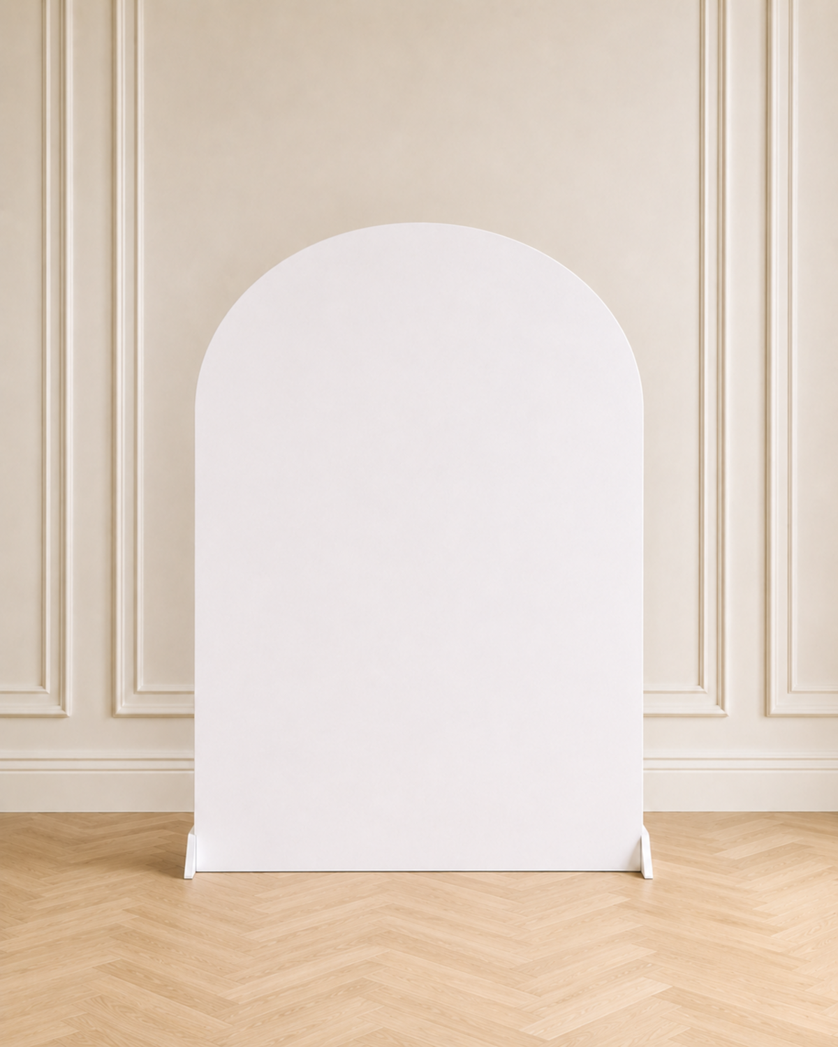 Small white arched wooden backdrop panel rental measuring 6 ft by 4 ft