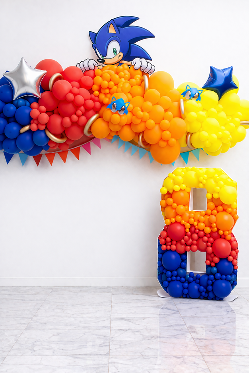 Balloon arch with mosaic number for blue speed theme kids birthday party in Toronto