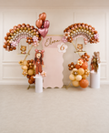Blush and caramel teddy bear rainbow balloon birthday installation with custom Elena backdrop in Toronto