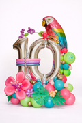 Tropical Birthday Balloon Decoration with colourful parrot balloon, foil number balloons, bright balloon flowers, and party styling in Toronto.