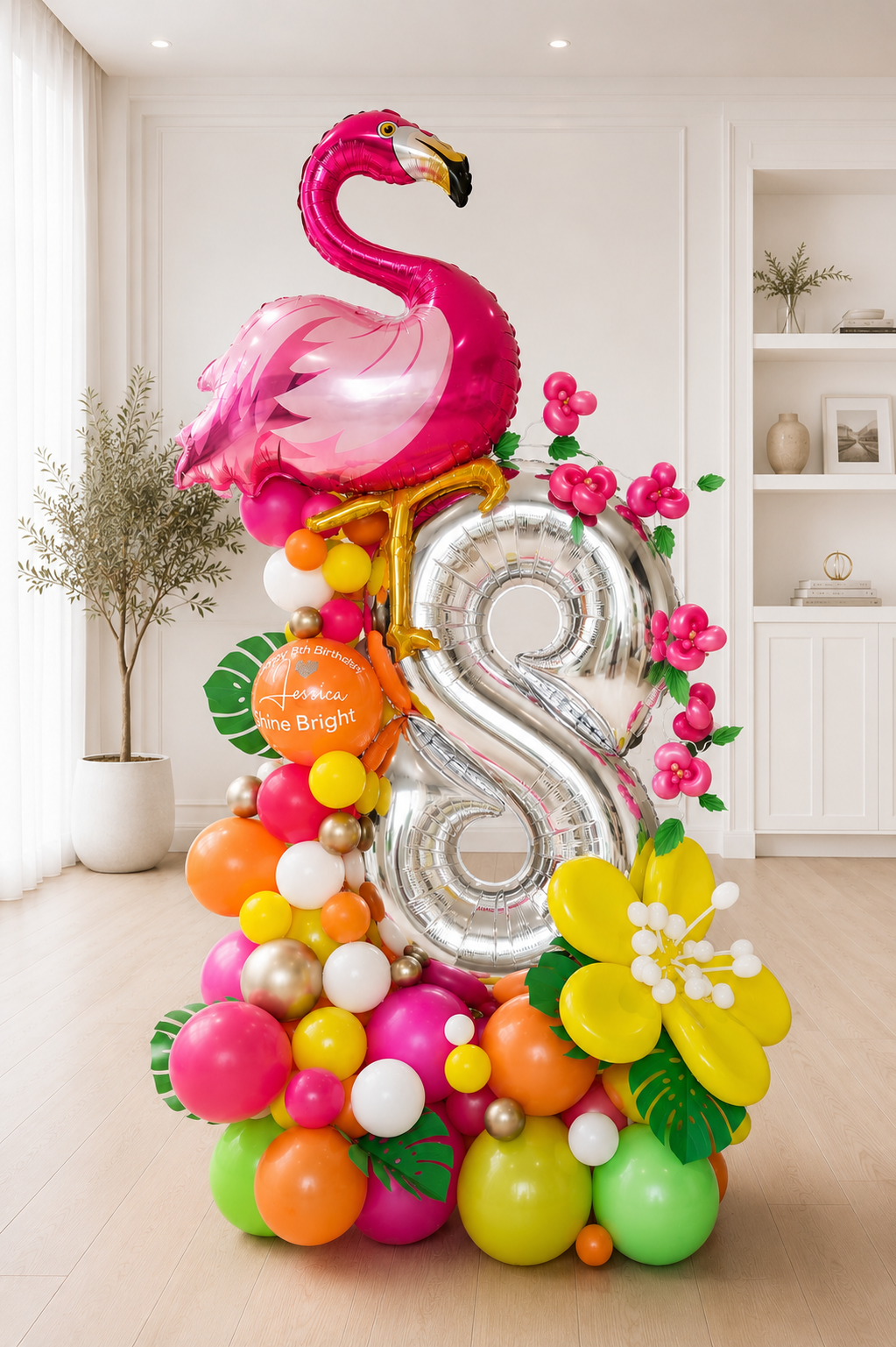 Tropical flamingo number 8 balloon display with personalized birthday message in pink, orange, yellow and green