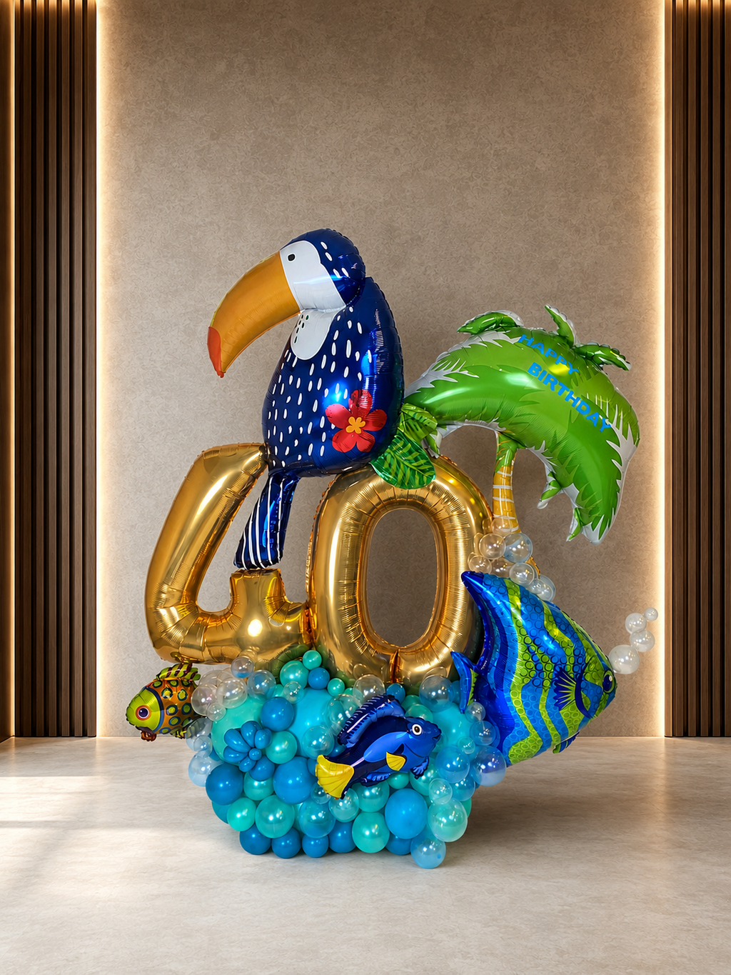 Luxury tropical ocean number balloon arrangement for a men's milestone birthday in Toronto and the GTA