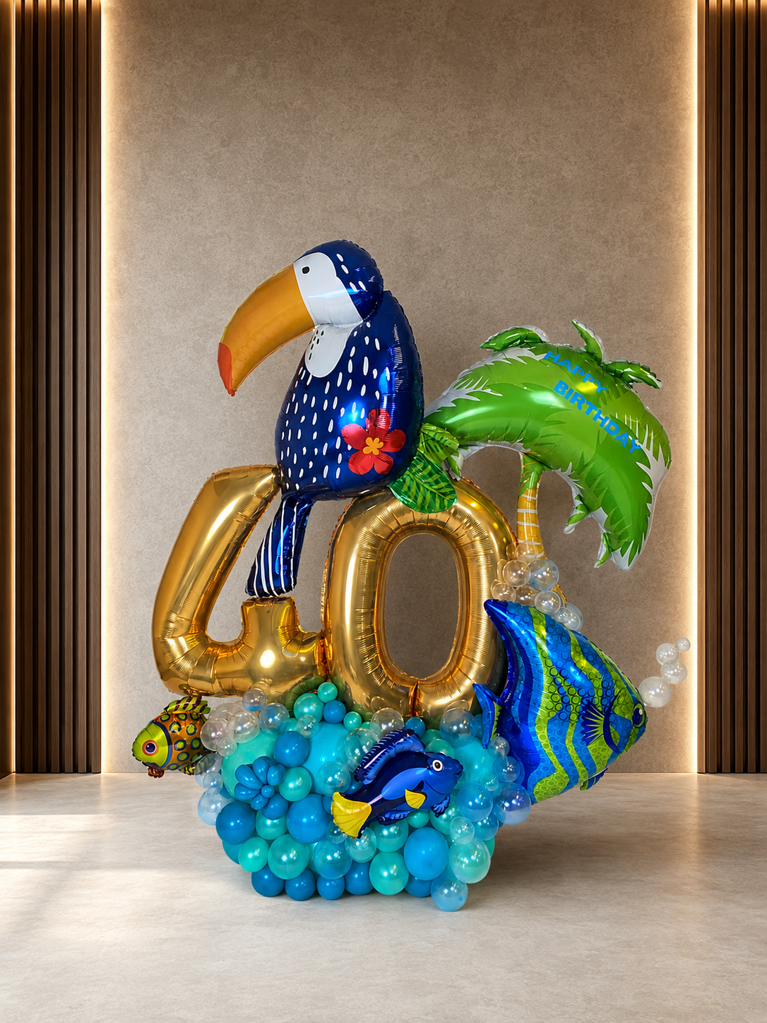 Luxury tropical ocean number balloon arrangement for a men's milestone birthday in Toronto and the GTA