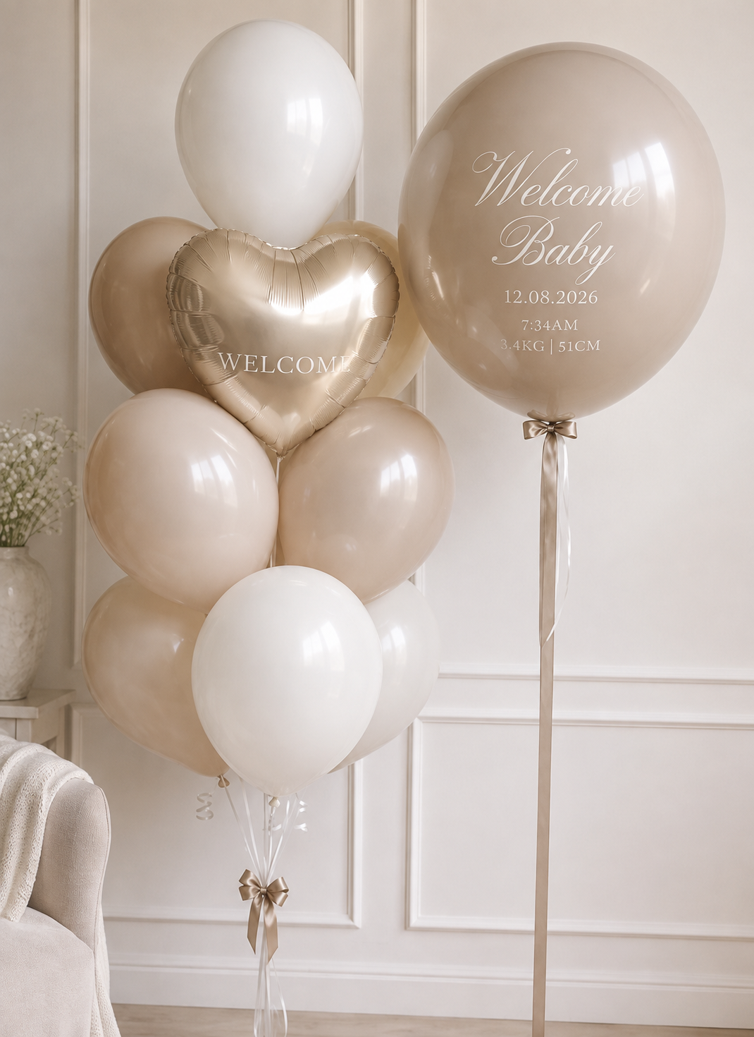 Champagne Nude personalized welcome baby balloon bouquet in warm beige, ivory and champagne