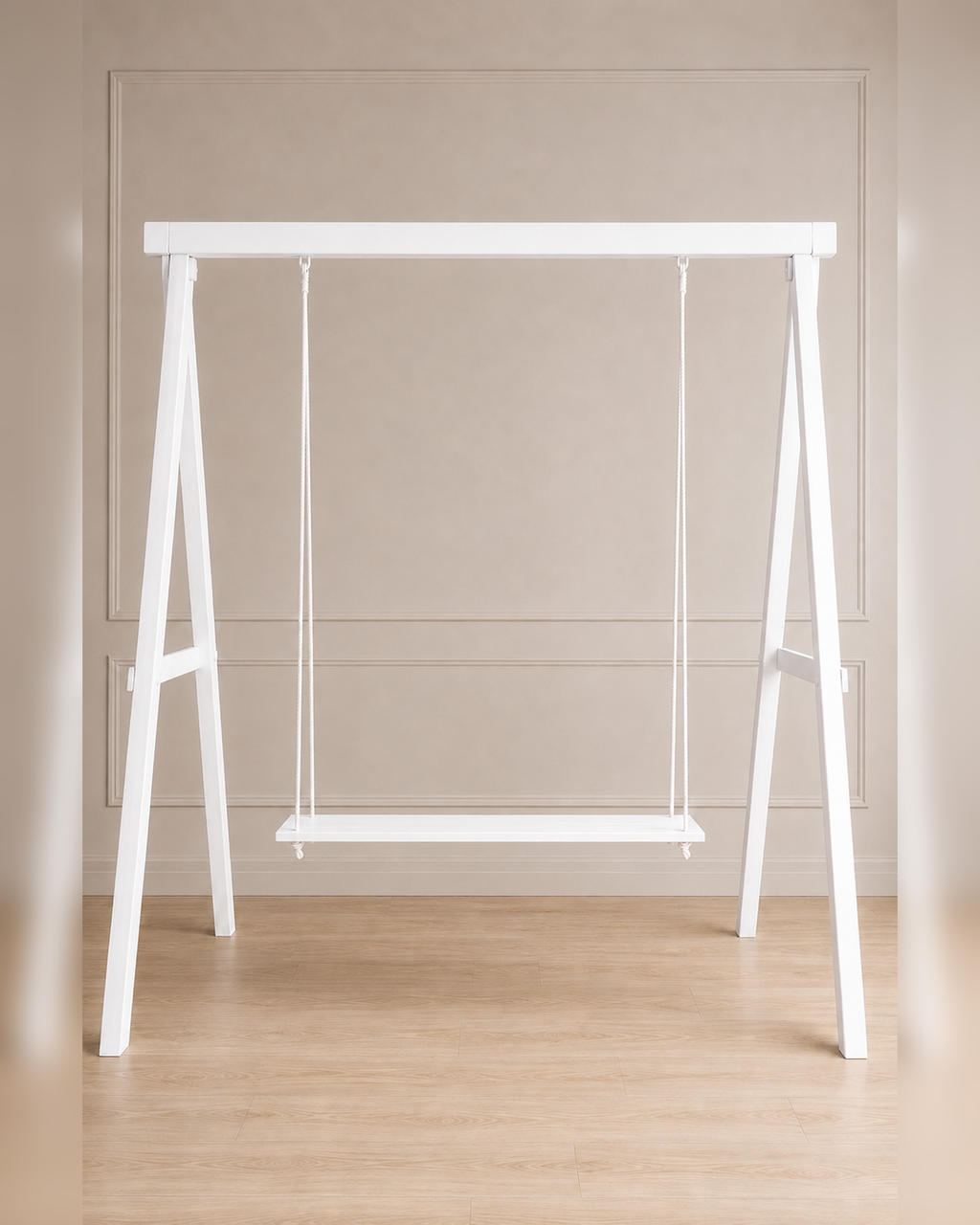White 8 ft by 8 ft event swing rental with freestanding frame and bench seat for weddings, showers and photo backdrops
