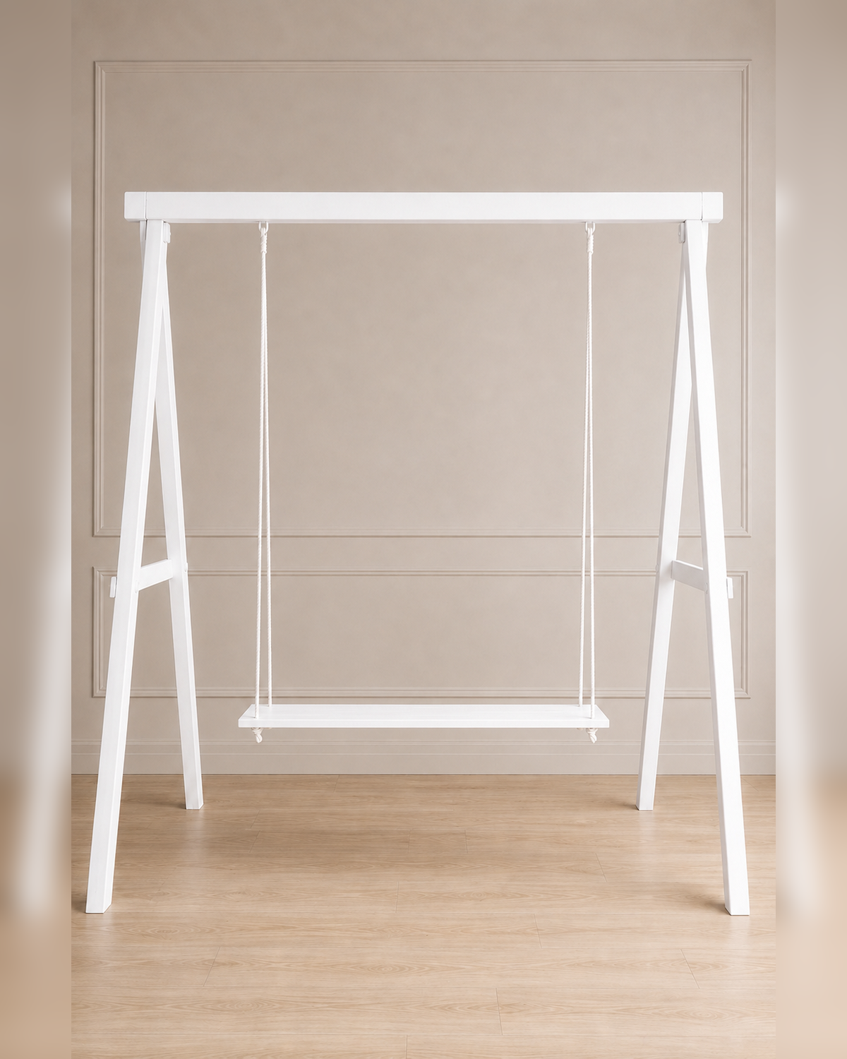 White 8 ft by 8 ft event swing rental with freestanding frame and bench seat for weddings, showers and photo backdrops