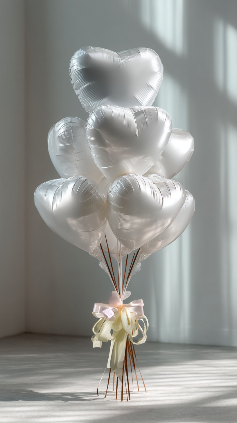 Luxury white heart helium balloon bouquet for weddings and romantic celebrations with balloon delivery in Toronto and Richmond Hill.